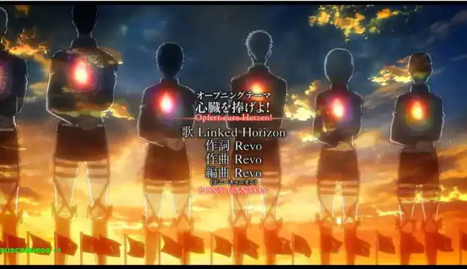 Screenshot from the opening credits of Shinzou wo Sasageyo from attack of the titans